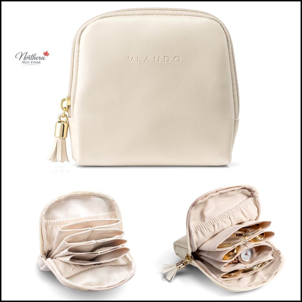 Small Leather Jewelry Case Organizer with Zipper, Velvet Pouch for Travel